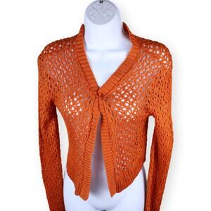 Daisy Fuentes Sparkly Burnt Orange Gold Cropped Cardigan Sweater M (Runs Small)
